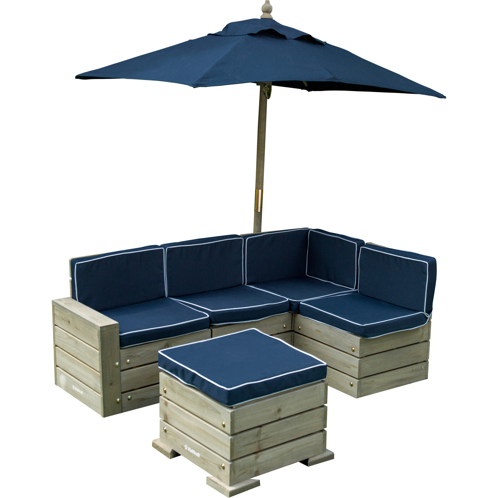 Wooden Outdoor Sectional Ottoman Umbrella Set with Cushions Kids Patio Furniture Barnwood Gray Navy KidKraft Kids Seating Maisonette