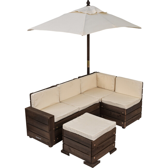 Wooden Outdoor Sectional Ottoman & Umbrella Set with Cushions, Kids’ Patio Furniture, Bear Brown & Beige