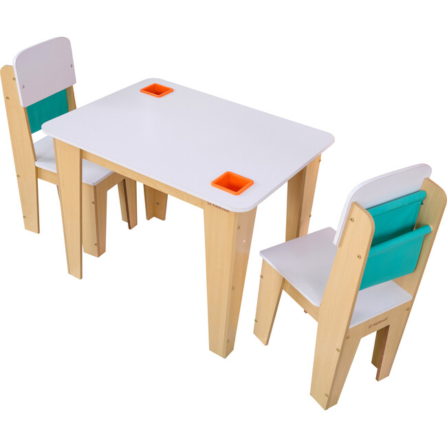 Wooden Pocket Storage Table and 2 Chair Furniture Set – Natural
