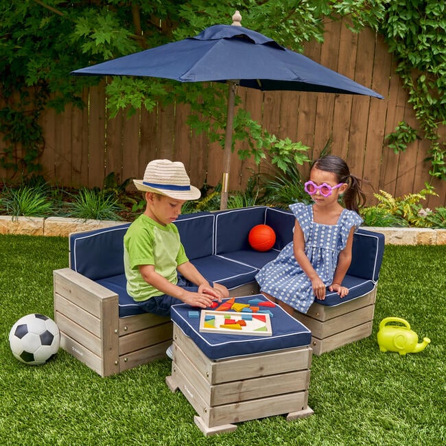 Wooden Outdoor Sectional Ottoman & Umbrella Set with Cushions, Kids’ Patio Furniture, Barnwood Gray & Navy - Kids Seating - 2