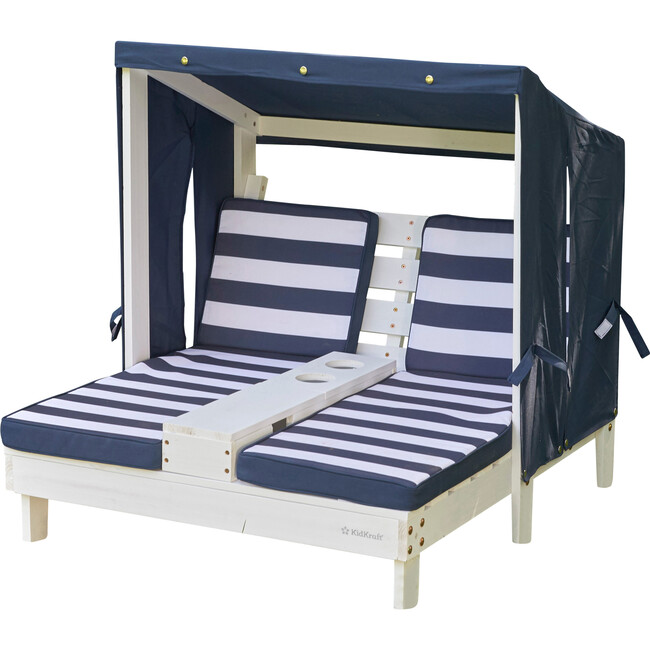 Wooden Outdoor Double Chaise Lounge with Cup Holders, White with Navy and White Stripes