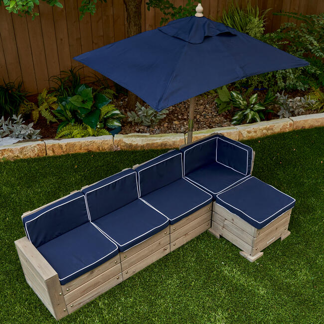 Wooden Outdoor Sectional Ottoman & Umbrella Set with Cushions, Kids’ Patio Furniture, Barnwood Gray & Navy - Kids Seating - 4