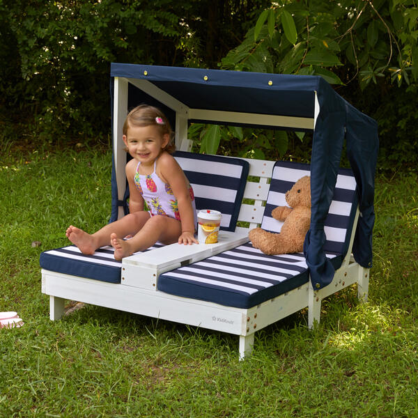 Wooden Outdoor Double Chaise Lounge with Cup Holders White with Navy and White Stripes KidKraft Kids Seating Maisonette