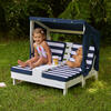 Wooden Outdoor Double Chaise Lounge with Cup Holders, White with Navy and White Stripes - Kids Seating - 2