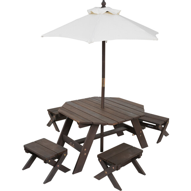 Wooden Octagon Table, Stools & Umbrella Set, Kids’ Outdoor Furniture, Brown Bear & Beige