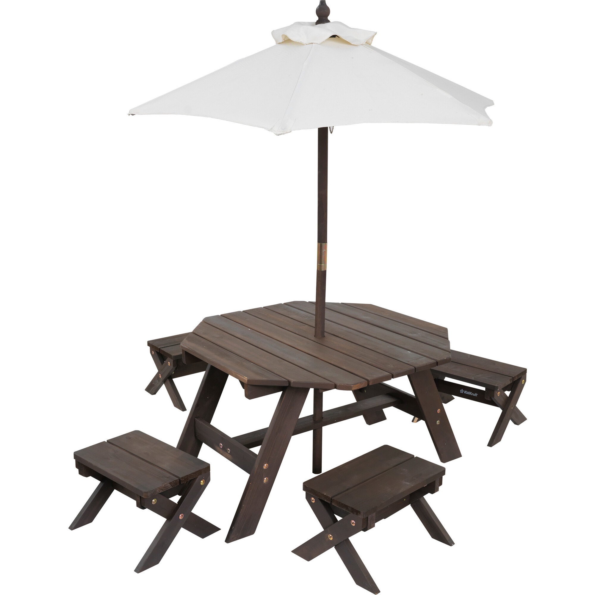Wooden Octagon Table, Stools & Umbrella Set, Kids’ Outdoor Furniture, Brown Bear & Beige - Kids Seating - 1