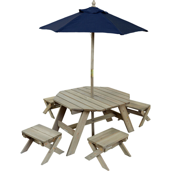 Wooden Octagon Table, Stools & Umbrella Set, Kids’ Outdoor Furniture, Barnwood Gray & Navy