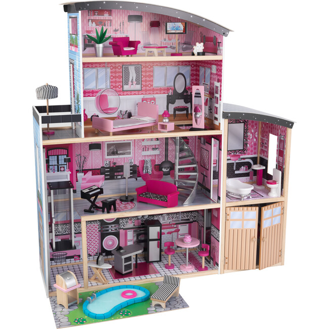 Sparkle Mansion Wooden Dollhouse with Lights & Sounds and 30 Accessories, Pink