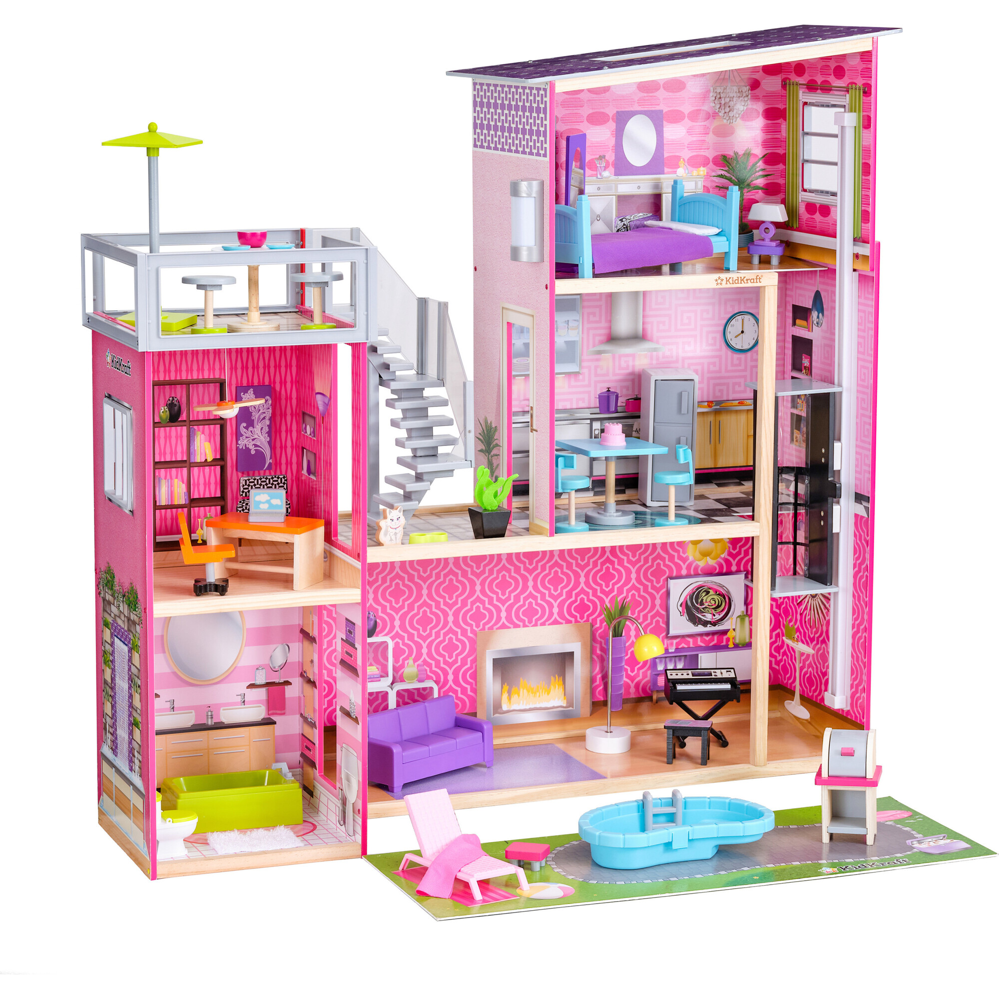 Uptown Wooden Dollhouse with Lights Sounds Pool and 36 Accessories KidKraft Dollhouses Accessories Maisonette