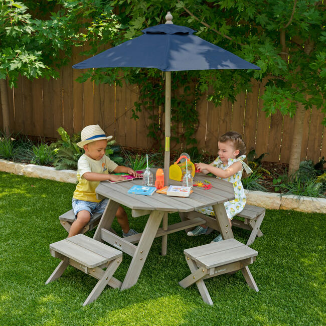 Wooden Octagon Table, Stools & Umbrella Set, Kids’ Outdoor Furniture, Barnwood Gray & Navy - Kids Seating - 2