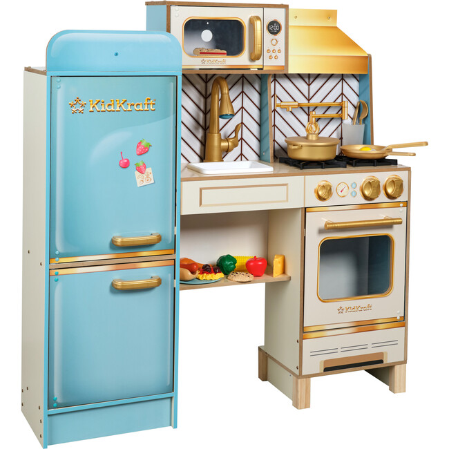 Retro Cool Wooden Play Kitchen with Lights, Sounds and 20 Accessories