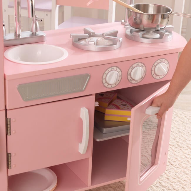 Vintage Wooden Play Kitchen with Working Knobs, Pink - Play Kitchens - 6