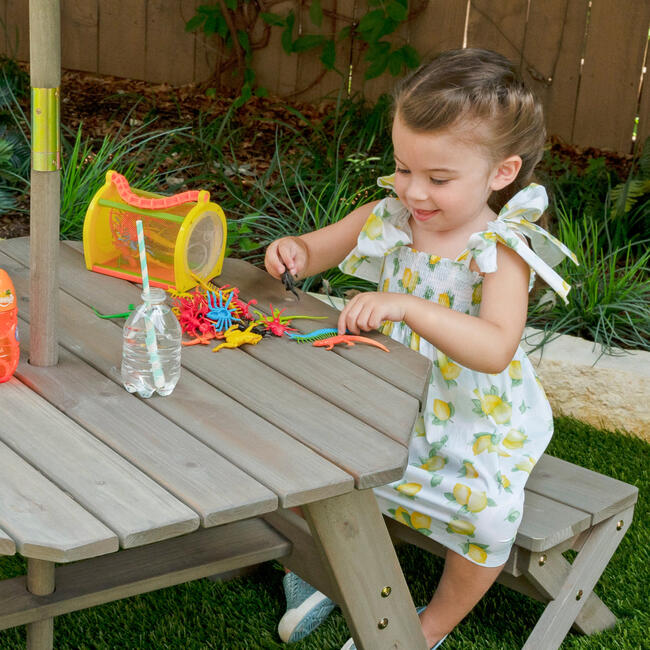 Wooden Octagon Table, Stools & Umbrella Set, Kids’ Outdoor Furniture, Barnwood Gray & Navy - Kids Seating - 4