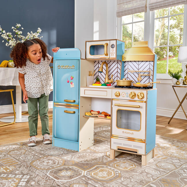 Retro Cool Wooden Play Kitchen with Lights Sounds and 20 Accessories KidKraft Play Kitchens Maisonette