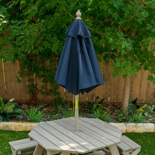 Wooden Octagon Table, Stools & Umbrella Set, Kids’ Outdoor Furniture, Barnwood Gray & Navy - Kids Seating - 5
