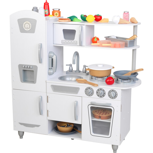Create & Cook™ Wooden Vintage Kitchen with Phone and 56 Play Food Accessories, White
