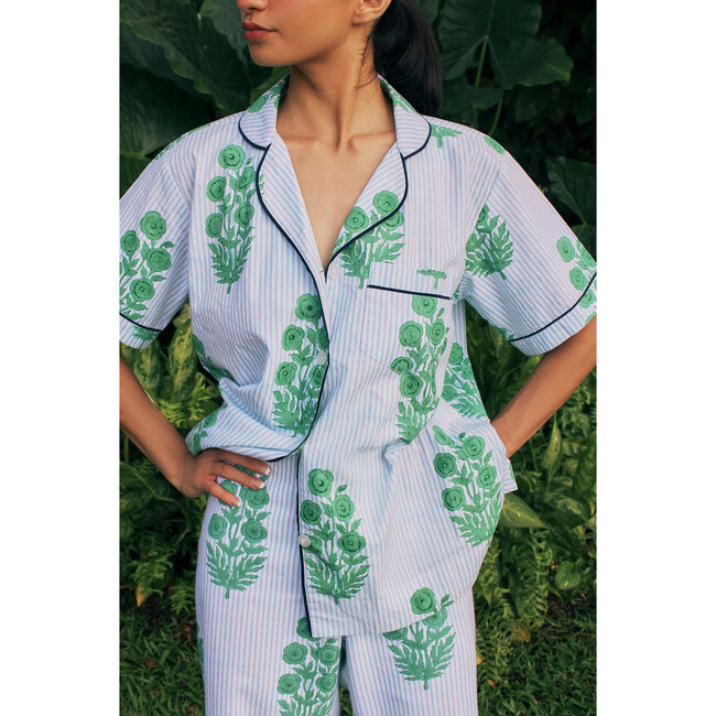 Women's Tommy Lapel Collar Short Sleeve Piped Top, Bluebell & Sage - Shirts - 2
