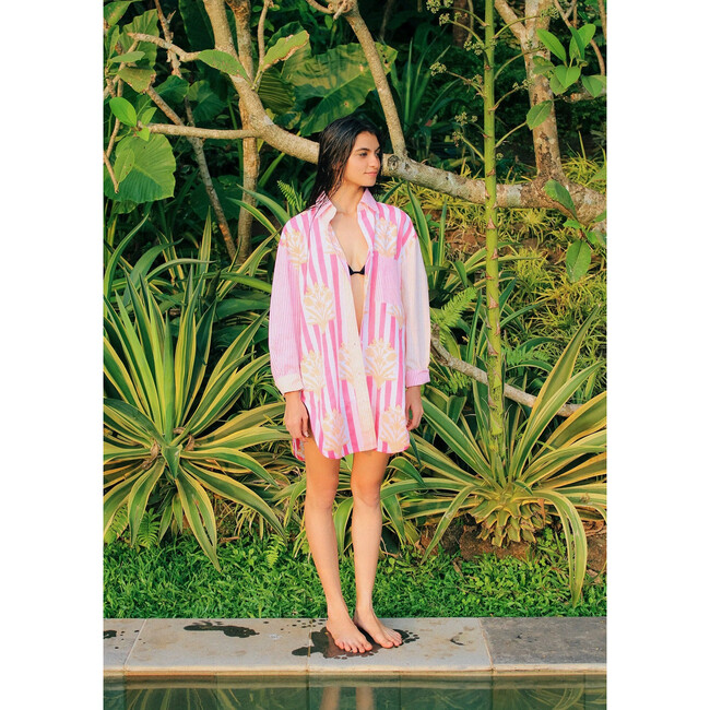Women's Poplin Oversized Button Down Cover-Up Dress, Coral & Creamsicle