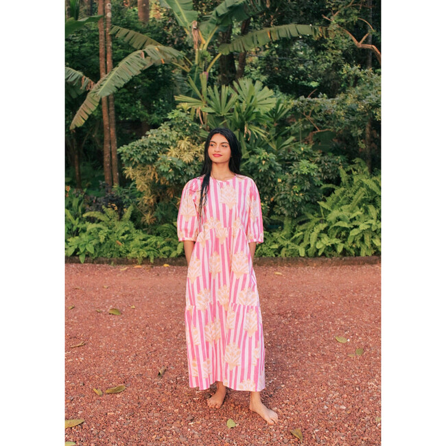 Women's Gaia Block Print Striped Puff Sleeve Dress, Coral & Creamsicle