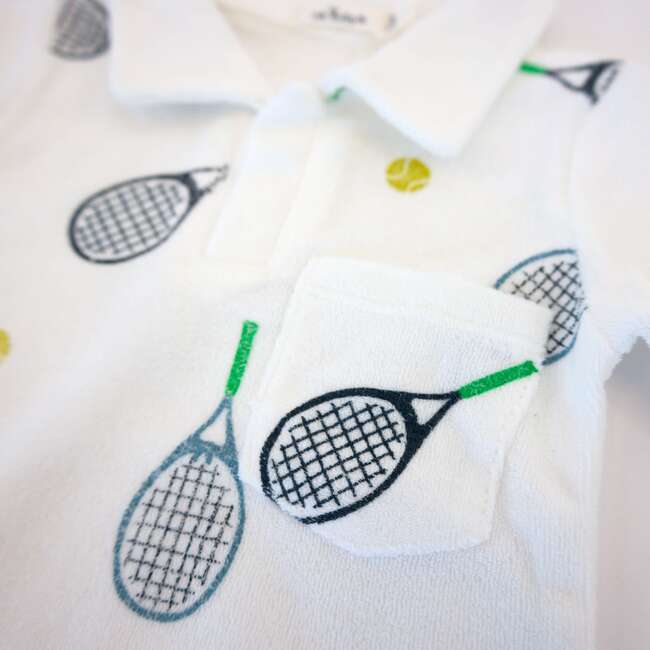 Tennis Print Terry Polo Shirt, Snow - Polo Shirts - 3