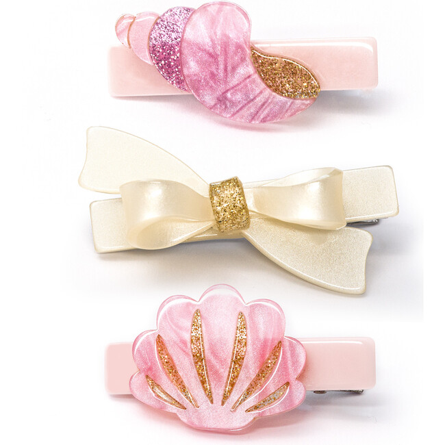 Seashell and Bow Pink Pearlized Hair Clips