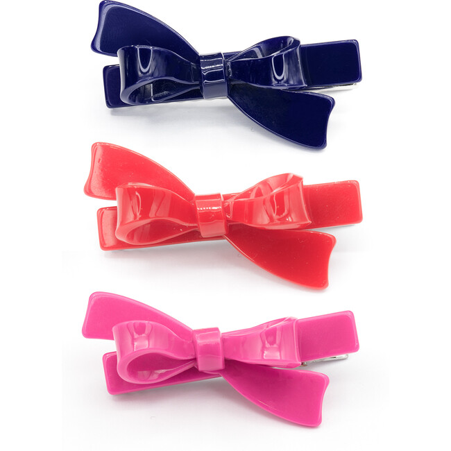 Bow Hair Clips Set of 3, Red, Blue & Pink