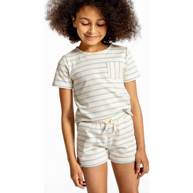 Unisex Cream And Powder Blue Stripe Shorts - Shorts - 7