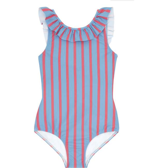 Girls Maritime Stripe Ruffle Collar One Piece