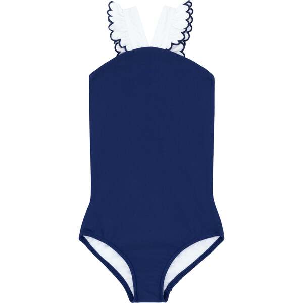 Girls Navy & White V-Neck Crossover One Piece - Minnow Swim