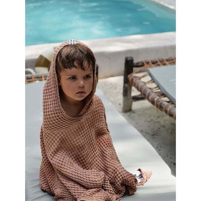 Linen Waffle Knit Hood Poncho, Cinnamon - Bath Accessories - 3