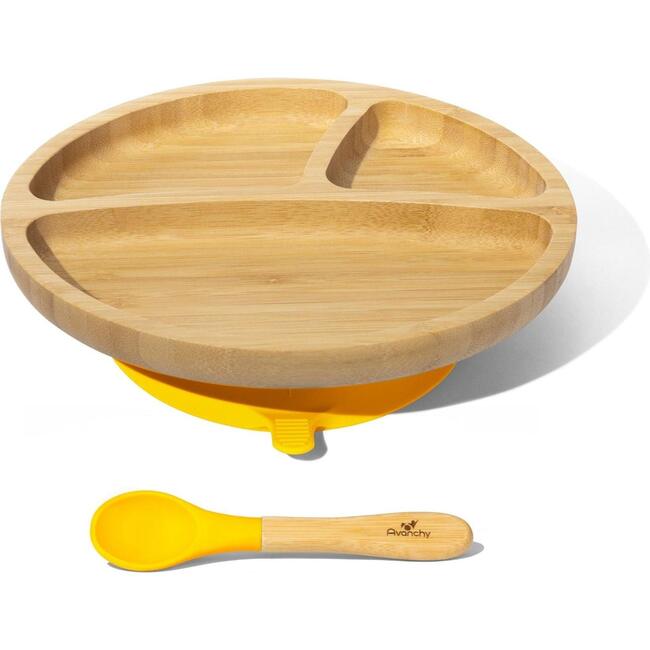 Toddler Bamboo Stay Put Suction Plate + Spoon, Yellow