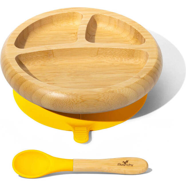 Baby Bamboo Stay Put Suction Plate + Spoon, Yellow