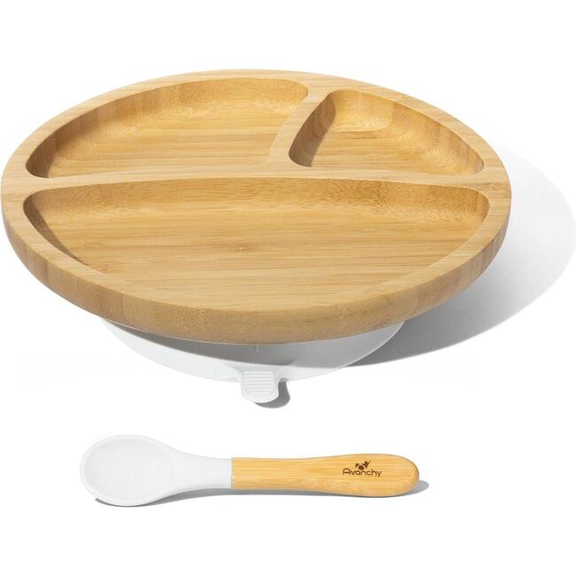 Toddler Bamboo Stay Put Suction Plate + Spoon, White - Tabletop - 1
