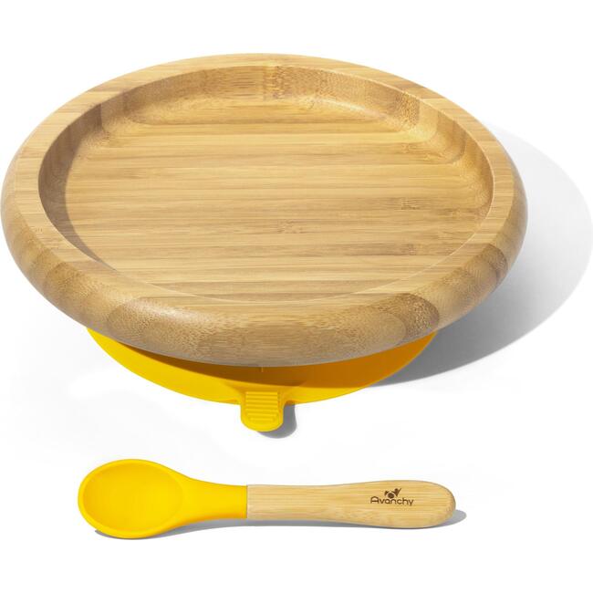 Classic Bamboo Stay Put Suction Plate + Spoon, Yellow - Tabletop - 1