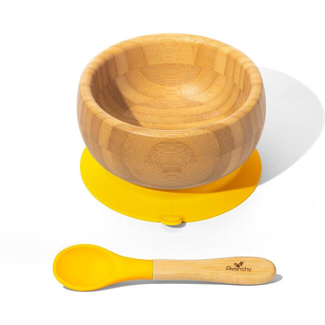 Baby Bamboo Stay Put Suction Bowl + Spoon, Yellow