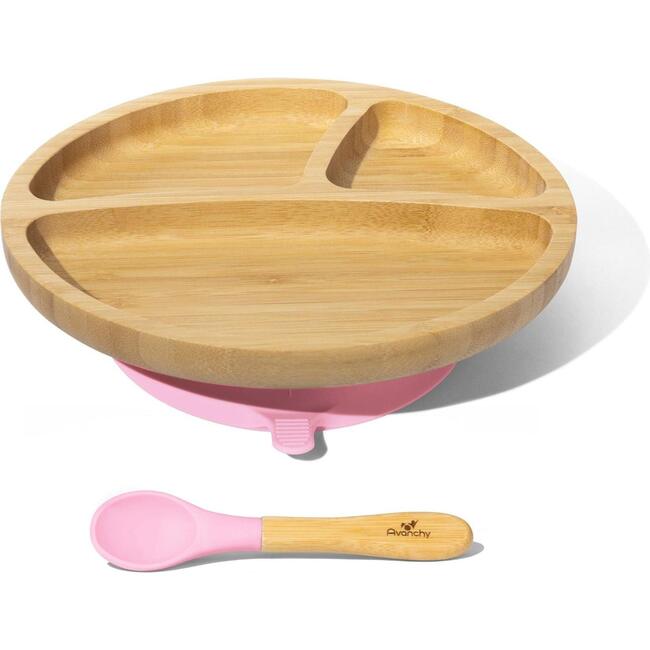 Toddler Bamboo Stay Put Suction Plate + Spoon, Pink