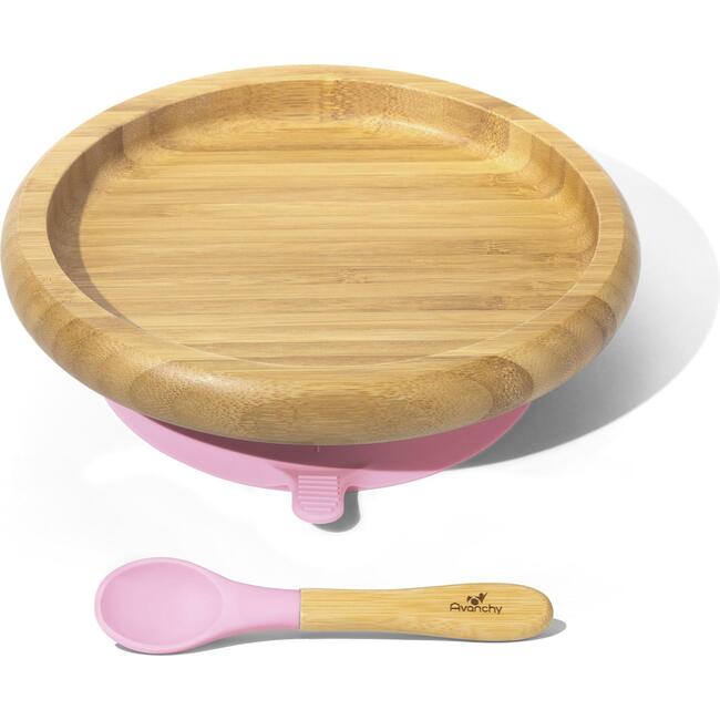 Classic Bamboo Stay Put Suction Plate + Spoon, Pink - Tabletop - 1