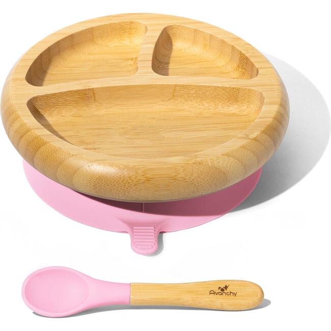 Baby Bamboo Stay Put Suction Plate + Spoon, Pink