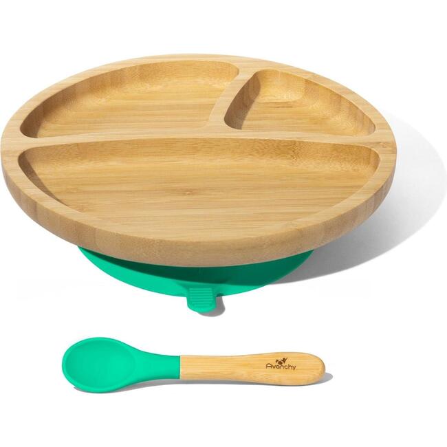 Toddler Bamboo Stay Put Suction Plate + Spoon, Green