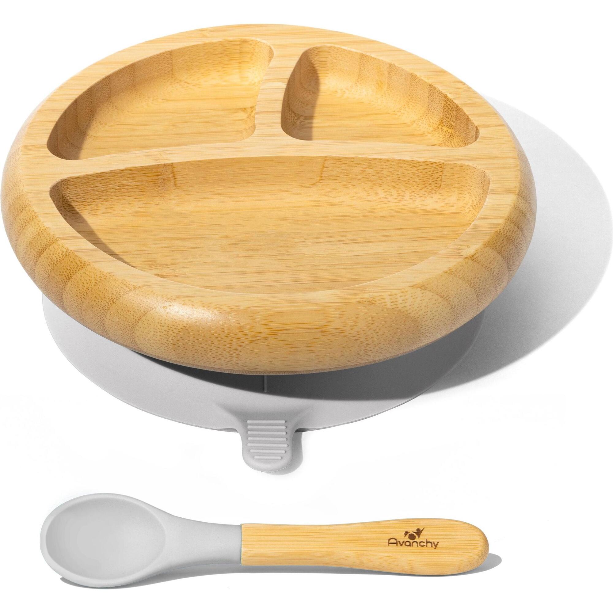 Baby Bamboo Stay Put Suction Plate + Spoon, Grey - Tabletop - 1