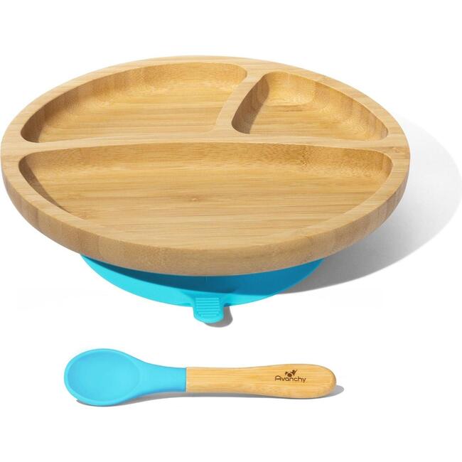 Toddler Bamboo Stay Put Suction Plate + Spoon, Blue