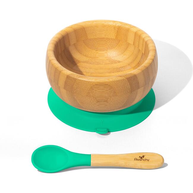 Baby Bamboo Stay Put Suction Bowl + Spoon, Green