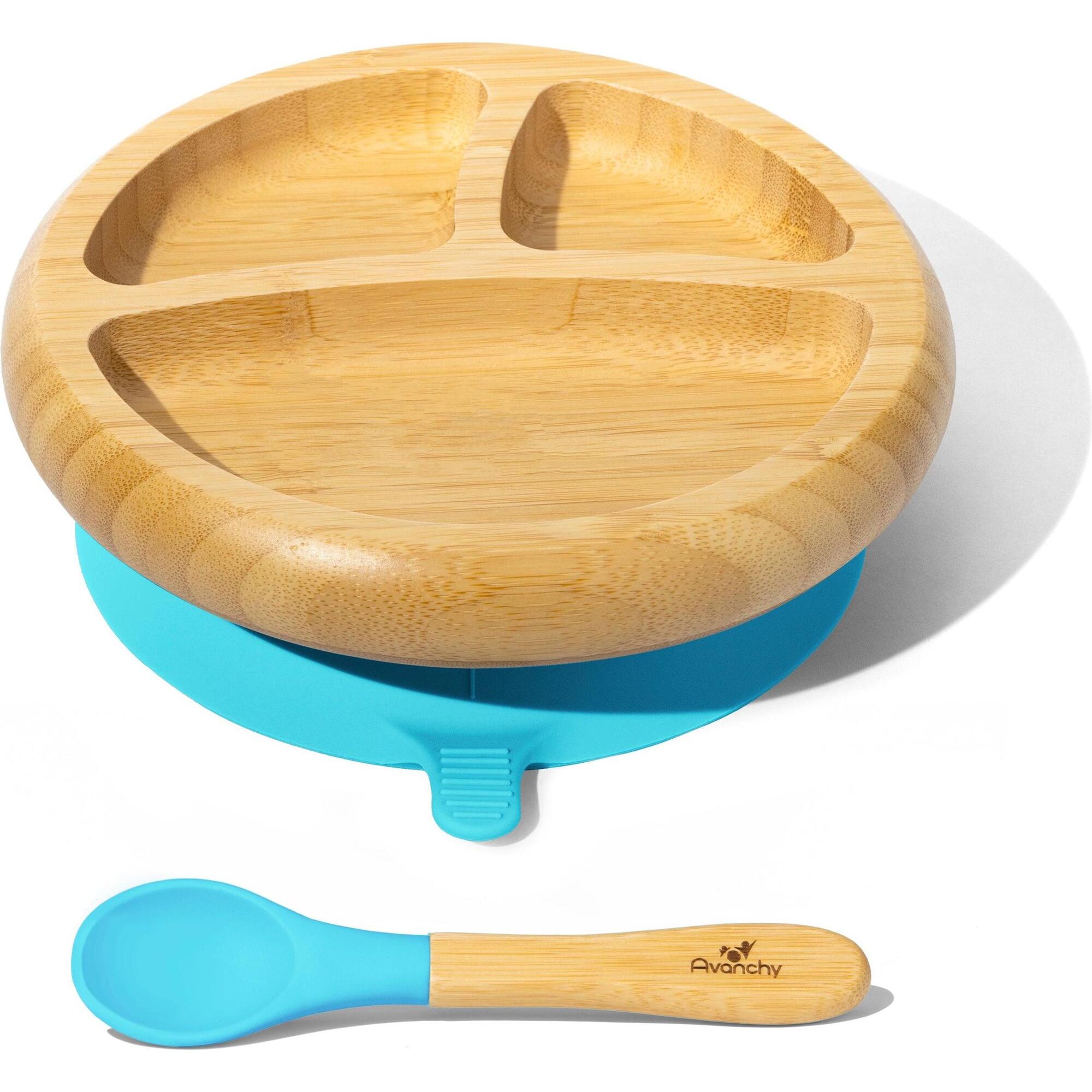 Baby Bamboo Stay Put Suction Plate + Spoon, Blue - Tabletop - 1