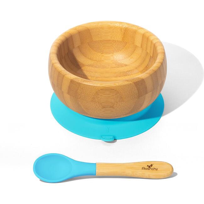 Baby Bamboo Stay Put Suction Bowl + Spoon, Blue