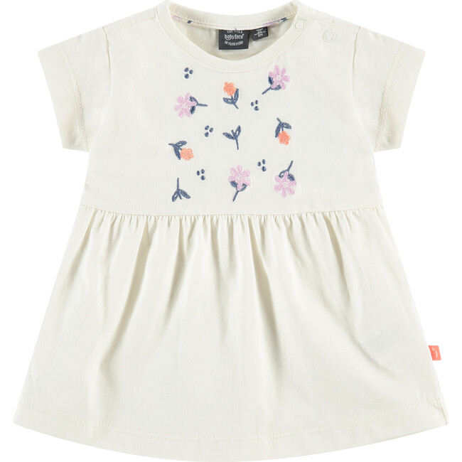 Short Sleeve Dress with Embroidered Flowers, White