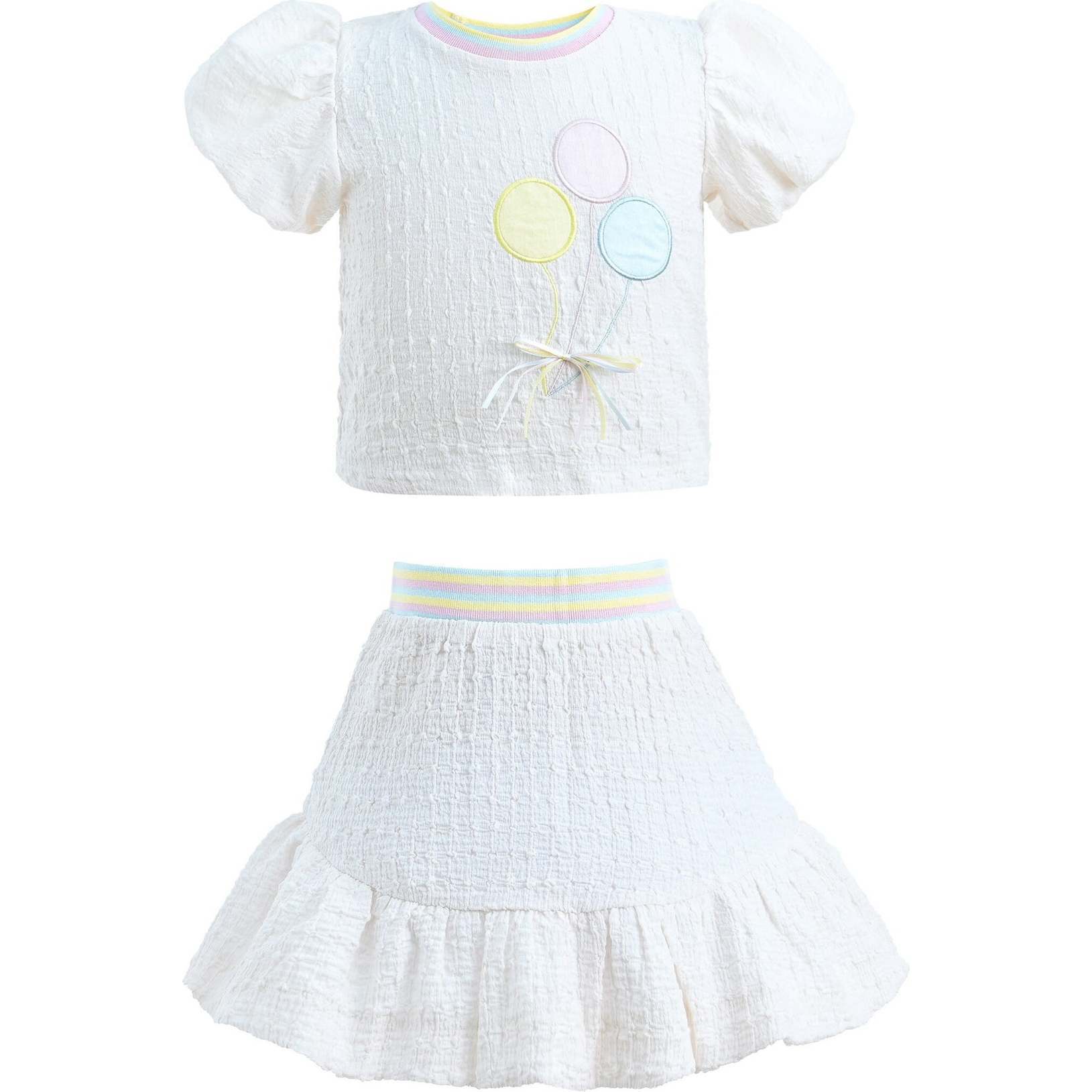 Balloon Embroidered Skirt Outfit, White - Mixed Apparel Set - 1