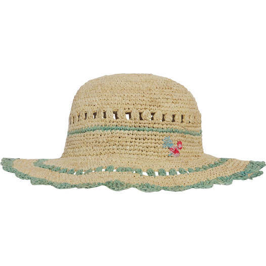 India Hand-Woven Raffia Scalloped Trim Straw Hat, Natural & Green - Hats - 1