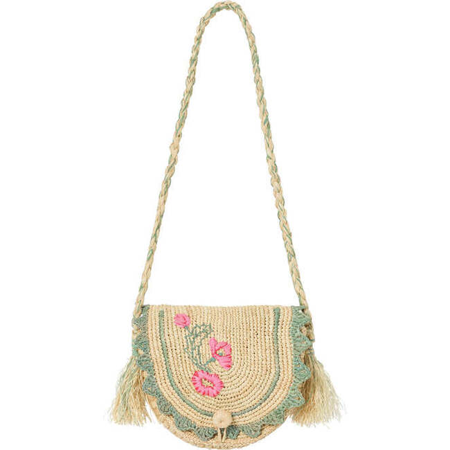 India Raffia Embroidered Handbag, Natural & Green