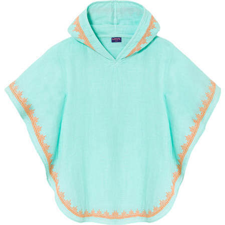 Kids Embroidered Poncho Hoodie, Aqua - Cover-Ups - 1