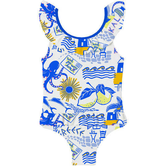 Baby Girls Ruffle Neck Sleeveless One-Piece Swimsuit, Greek Pattern